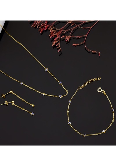 Papatya Silver 925 Ayar Gümüş Gold Kaplama Top Zincir Sallantılı Nazar Göz Kolye, Bileklik ve Küpe Set