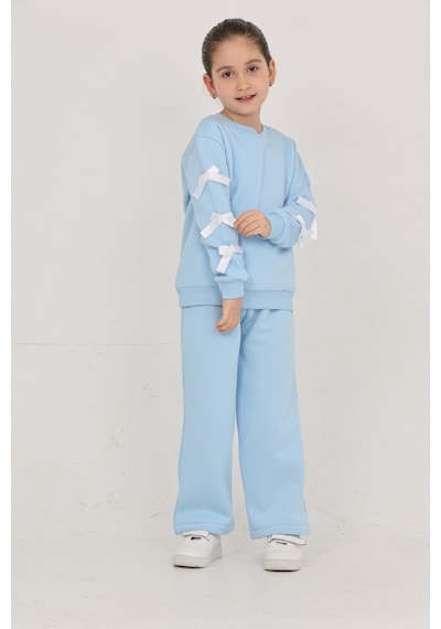 Erdem Kıds Kız Çocuk 3 İplik Şardonlu Kurdele Detaylı Basic Sweatshirt-bol Kesim Palazzo Eşofman Takım Bebe Mavisi Bebe Mavisi