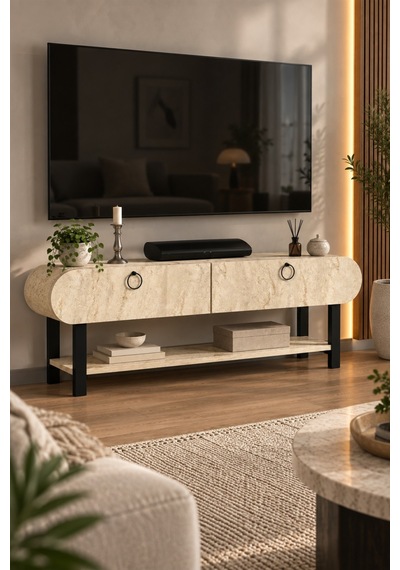 Sulorahome Ekru Traverten Desenli Tv Ünitesi 110 Cm