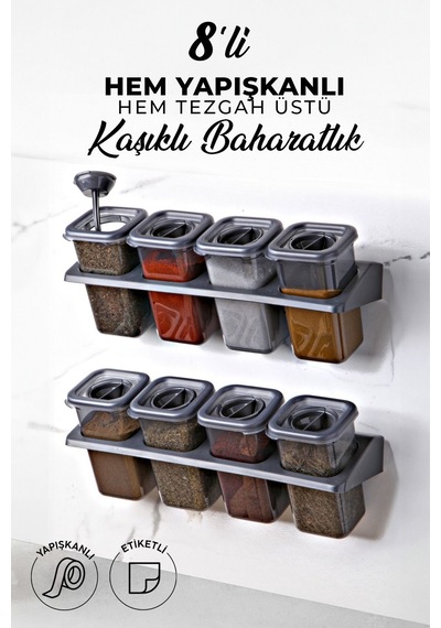 Kitchen Life 8'li Etiketli Standlı Kilitli Kaşıklı Kendinden Yapışkanlı Kare Baharatlık Takımı - Erzak Kabı Seti Siyah