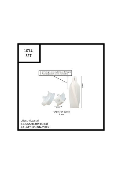 Dübel-vida Seti, Gaz Beton Ytong Dübeli 8 Mm, 5,0x60 Yhb Sunta Vidası, 10 Adet