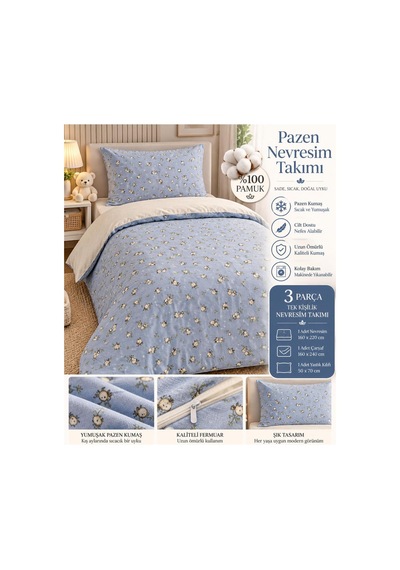 Slc Home %100 Pamuk Pazen Genç/çocuk Nevresim Takımı Tek Kişilik Mavi Ayıcık Mavi - 938502126 Mavi