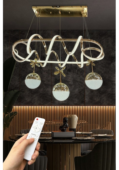 Kuzey Yemek Masası 3 Toplu İthal Led Avize - Kumandalı / Gold Gold