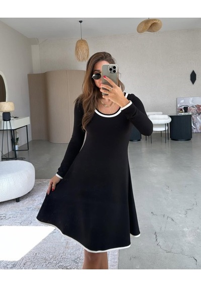 Efnaz Style Kadın Uzun Kollu Yuvarlak Yaka Midi Viskon Iki Iplik Elbise Siyah