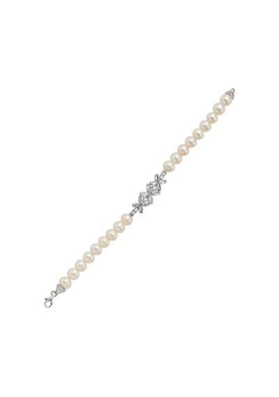 7,5 Mm Çiçek Tasarımlı Zirkon Taşlı Doğal İnci Kadın Bileklik 18 Cm / Beyaz Gümüş