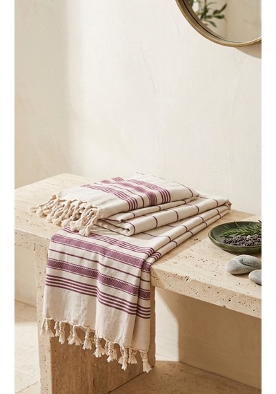 Pamuk Peştemal 100x180 Cm Çizgili Plaj Havlusu, Hamam Havlusu, Sauna Havlusu, Çok Amaçlı Kullanım Mürdüm