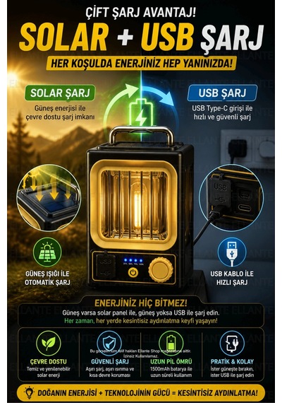 Solar Şarjlı Kamp Feneri Usb Şarjlı Dimmerli Filament Led Taşınabilir Kamp Lambası Acil Durum Aydınl Çok Renkli
