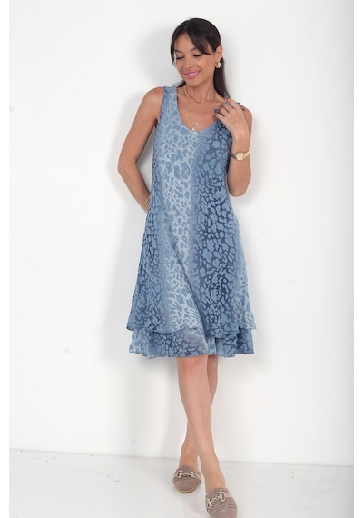 By Saygı Kadın İtalyan Cotton Leopar Desenli Astarlı Sıfır Kol Midi Elbise İndigo