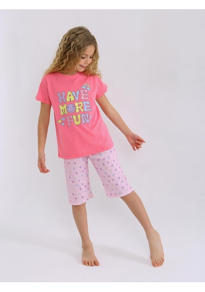 Kız Çocuk Kısa Kollu Kapri %100 Pamuklu Pijama Takımı More Fun Şeker Pembe
