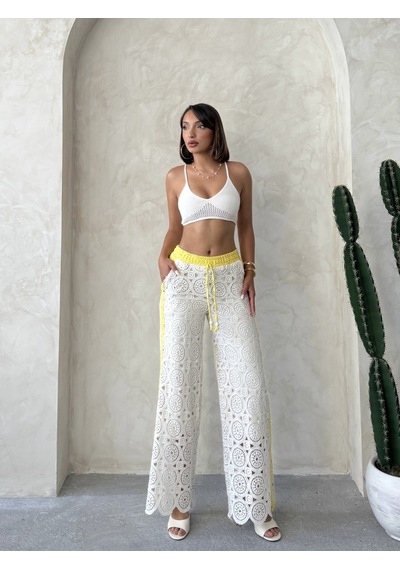 Verymoda Kot Detaylı Dantel Pantolon F1759 Sarı