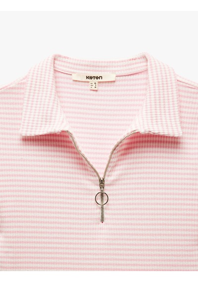 Koton Viskon Kumaş Karışımlı Pötikare Fermuarlı Kısa Kollu Crop Polo Yaka Tişört Pembe Çizgili 5sak50007ek Pembe Çizgili Pembe