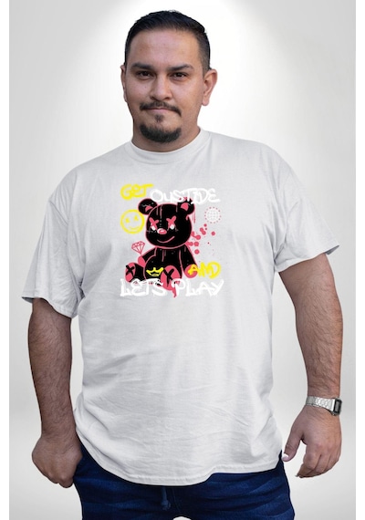 Angemiel Dışarı Çık Ve Oynayalım Teddy Beyaz Büyük Beden Kadın Erkek Ünisex Basic Ön Baskılı Tişört Beyaz