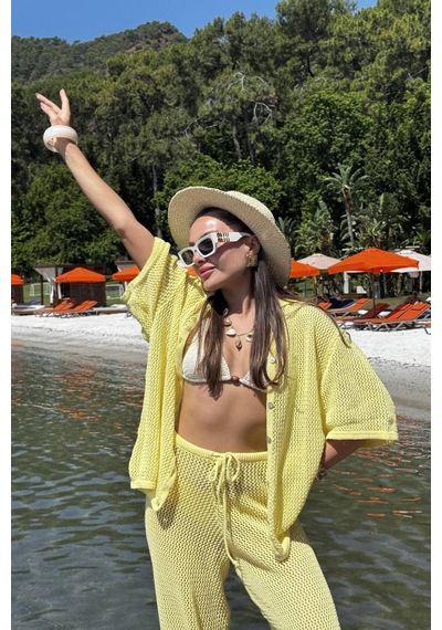 De Pose Trend Kimono Ajur Desenli Triko Plaj Takımı Limon Sarı