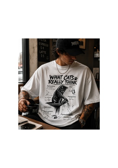 Qmen Style Unisex Beyaz Oversize Baskılı T-shirt Uzman Kedi Dolar %100 Pamuk