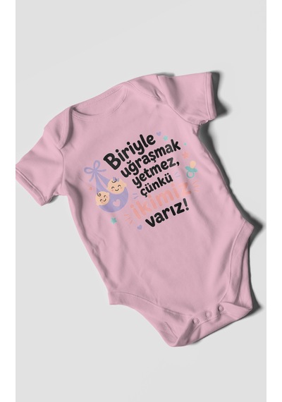 Morivokids Biriyle Uğraşmak Yetmez, Yazılı Kısa Kollu Bebek Body %100 Pamuk Koyu Pembe