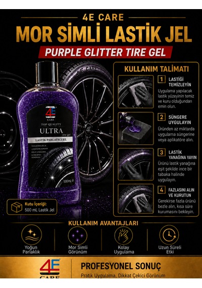 4e Care Ultra Lastik Parlatıcı Jel Mor Simli & Lastik Süngeri li