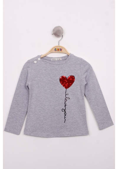 Toontoy Kids Toontoy Kız Çocuk Göğsü Pul Nakışlı T-shirt Gri Melanj