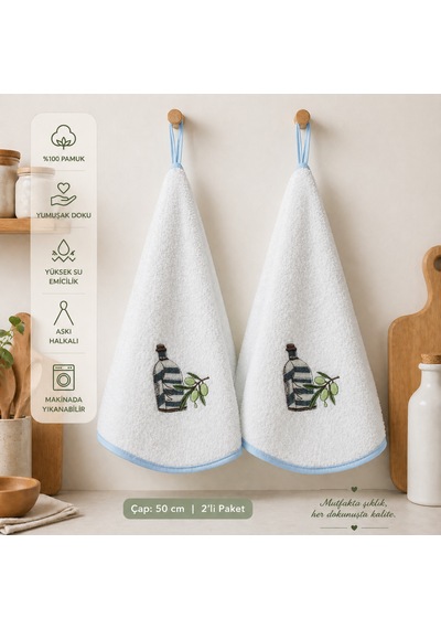 %100 Pamuk Yuvarlak Mutfak Havlusu 50 Cm 2 Li Set Askı Halkalı, Nakışlı Şık Tasarım, Makinede Yıkanabilir Kurulama Bezi Beyaz