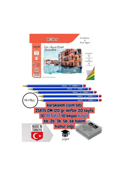 Karakalem Çizim Seti 25x35 Cm 120gr Defter 20 Sayfa 10 Renk 10 Beyaz Hb-2b-3b-5b-6b Kalem Herboy