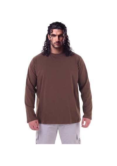 Erkek Büyük Beden 115 - 155 Kilo Arası Uygun Bedenli % 100 Pamuk Uzun Kol Bisiklet Yaka Sweatshirt Kahverengi