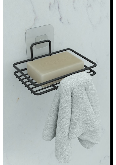 Yapışkanlı 2 Li Set Sabunluk Banyo Mutfak Lavabo Metal Katı Sabunluk Siyah Siyah