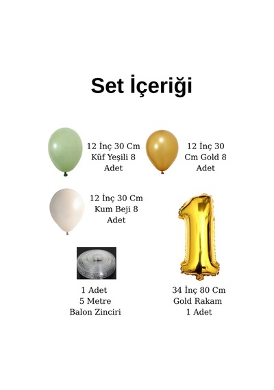 0 Yaş Küf Yeşili Temalı Doğom Günü Seti Metalik Gold Kum Beji Küf Yeşili Balonlar Gold Folyo Rakam Çok Renkli