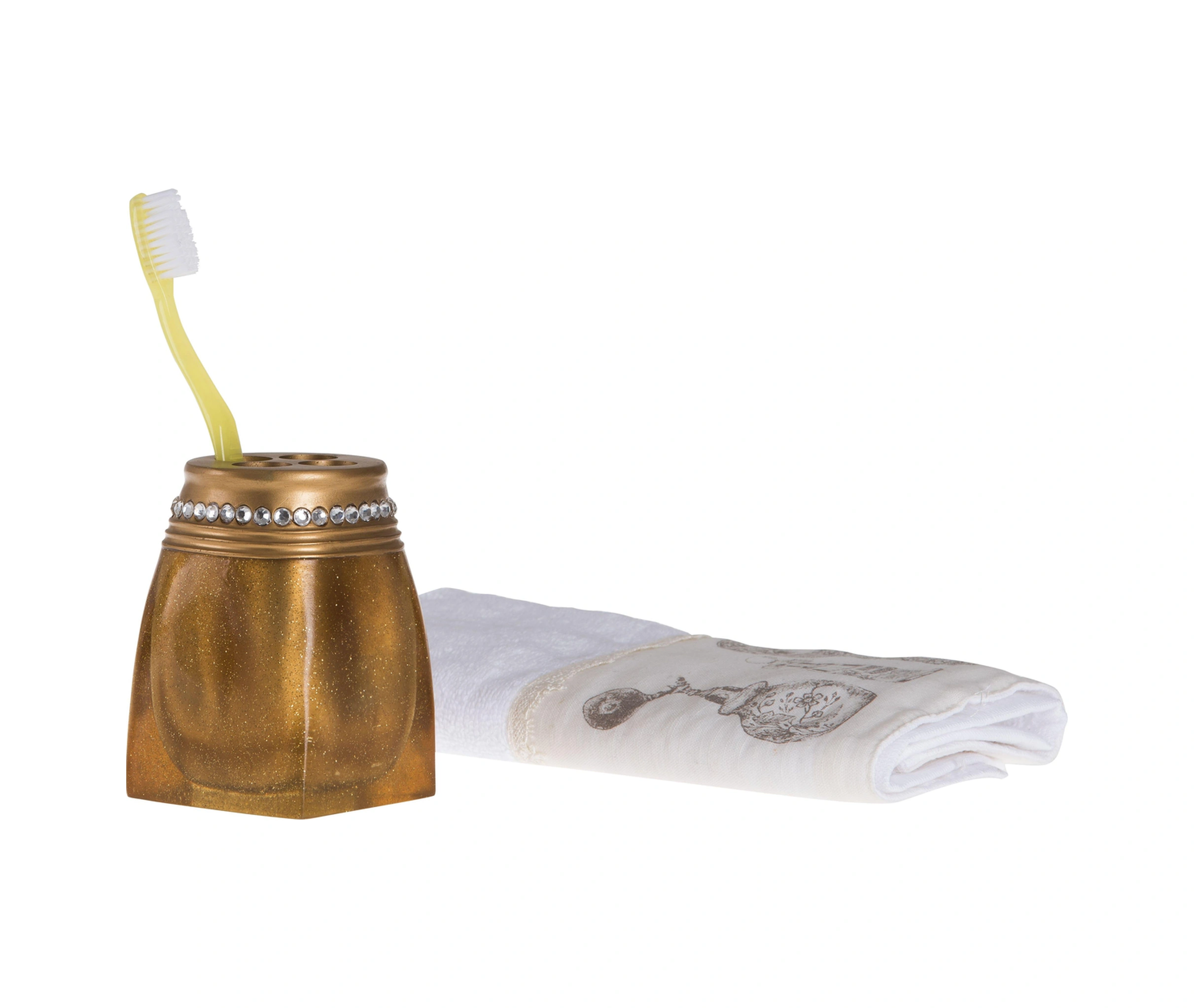 2 Adet Diş Fırçalık Taşlı Altın Poliresin 7x7x10cm Banyo Seti Çok Renkli