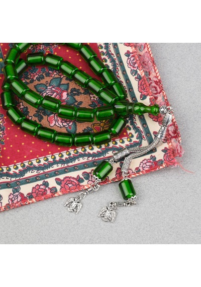 Ateş Kehribar Alpaka Püsküllü Kapsül Kesim 9x12mm Tesbih - Şeffaf Yeşil