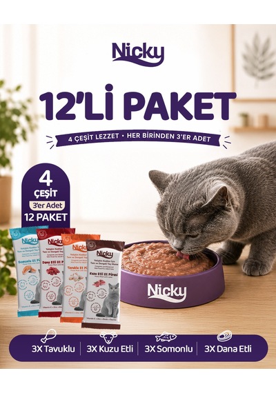 Nicky Yetişkin Kediler Için Et Püresi 85 Gr X 12 Adet