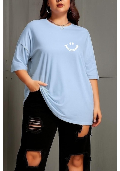 Benroma Büyük Beden Gülücük Baskılı Unisex Tişört Bebe Mavisi