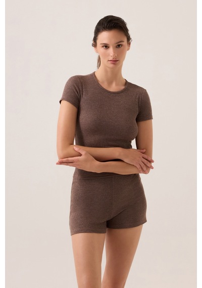 Los Ojos X Ece Kahverengi Modal Kumaşlı Kısa Kollu Şortlu Pijama Takımı Ribbed Pj4 Kahverengi Kahverengi