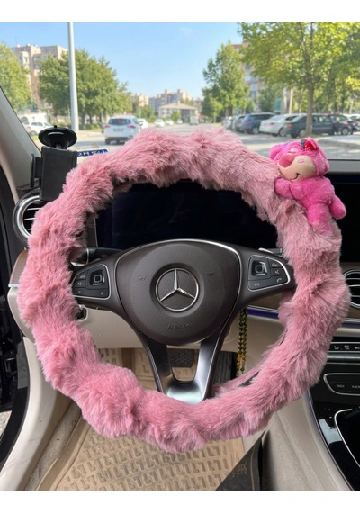 Pembe Peluş Direksiyon Kılıfı Kadınlara Özel Tüylü Ayıcıklı Direksiyon Kılıfı