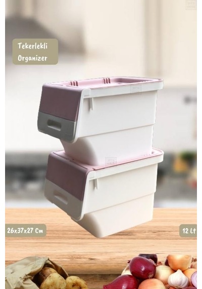 2 Li Tekerlekli Patateslik Soğanlık Erzak Kutusu Organizer Sebzelik Beyaz-pembe 24 Lt Pembe-beyaz