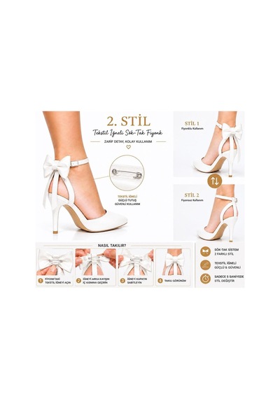 Craft Moda Kadın Arkası Açık Fiyonklu Stiletto Çıkarılabilir Fiyonk Detaylı İnce Topuklu Abiye Ayakkabı Beyaz