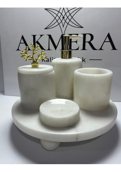 Mermer Top Ayaklı Standlı 5 Parça Lüks Banyo Seti Altın - Beyaz