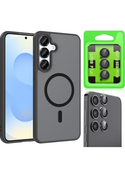 Vendas Samsung Galaxy Uyumlu  S25 Plus Kılıf M-safe Şarj Özellikli Zore Babet Kapak + Kamera Lens Koruyucu Siyah