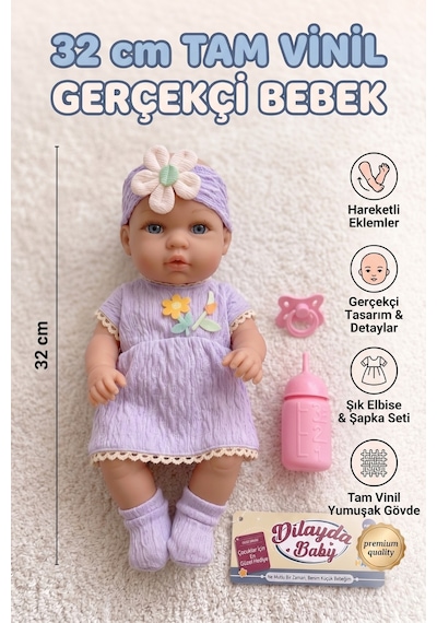 Dilayda Baby Gerçekçi Reborn Oyuncak Bebek 32cm Tam Vinil Lila