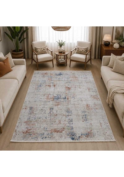 Otantik Modern Eskitme Saçaklı Salon Halısı Krem Antrasit Kiremit 200x290 Cm 1