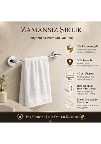 Alper Banyo 304 Paslanmaz Çelik Havlu Askısı 40 Cm, Parlak Krom Kaplama, Yapışkanlı Ve Vidalı Montaj, Banyo Akses Diğer