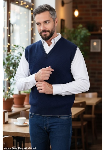Kamalı Erkek Lacivert Tüylenme Yapmayan Anti Pilling Kumaş Standart Fit Normal Kesim V Yaka Triko Süveter