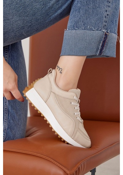 Sara Bej Hakiki Deri Bağcıklı Kadın Sneaker-Bej