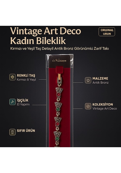 Vintage Art Deco Kadın Bileklik Kırmızı Ve Yeşil Taş Detaylı Antik Bronz Görünümlü Zarif Takı