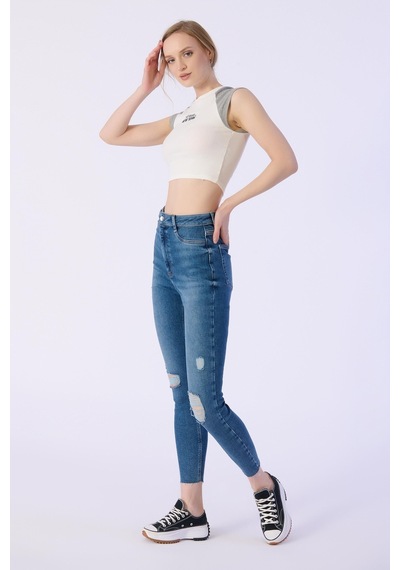 Skınny Cep Kapalı Dizler Lazerlı Paça Kesik Denim Pantolon-mavi Mavi