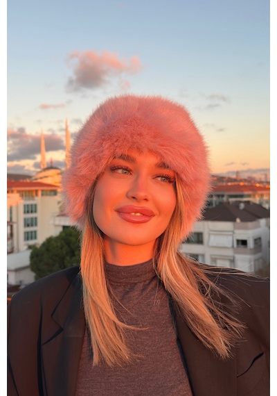Mollycrush Elit Rus Slav Tarzı Suni Kürklü I Çi Deri Peluş Tüylü Kadın Kalpak Şapka Pembe