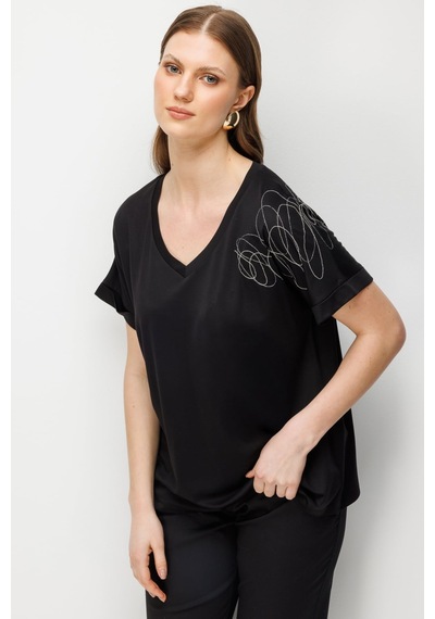 On Kadın Büyük Beden Tek Omzu Zincirli V Yaka T-shirt 71368 Siyah