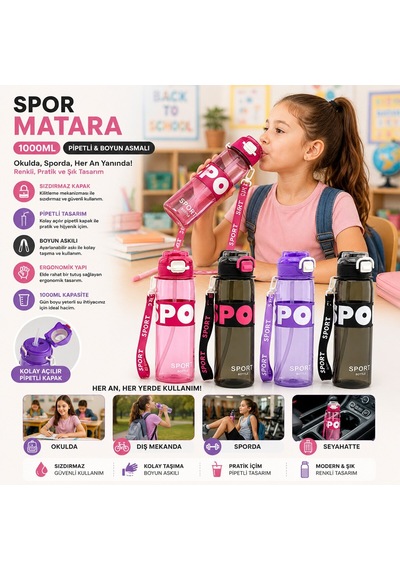 Yakut-14013 Spor Matara 1000ml Suluk Renkli Plastik Pipetli Boyun Asmalı Diğer