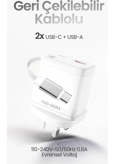 Ven-dens Vd-tc155bac 30 W Pd Hızlı Şarj Adaptörü, 2 Usb-c Ve 1 Usb-a Port, Geri Çekilebilir, Beyaz