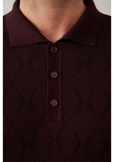 Erkek Koyu Bordo Regular Fit Desenli Yünlü Polo Yaka Triko