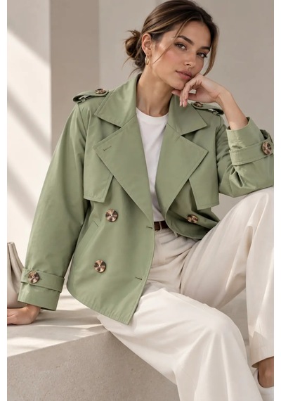 Bb Butik Basic Kısa Kruvaze Trençkot Düğme Detaylı Modern Kesim Qn3434 Su Yeşili