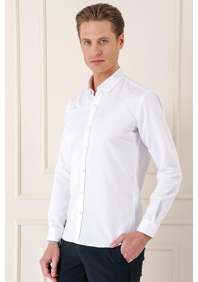 Efor Slim Fit Düğmeli Yaka Dokulu Pamuklu Klasik Beyaz Gömlek Gk 717 Beyaz